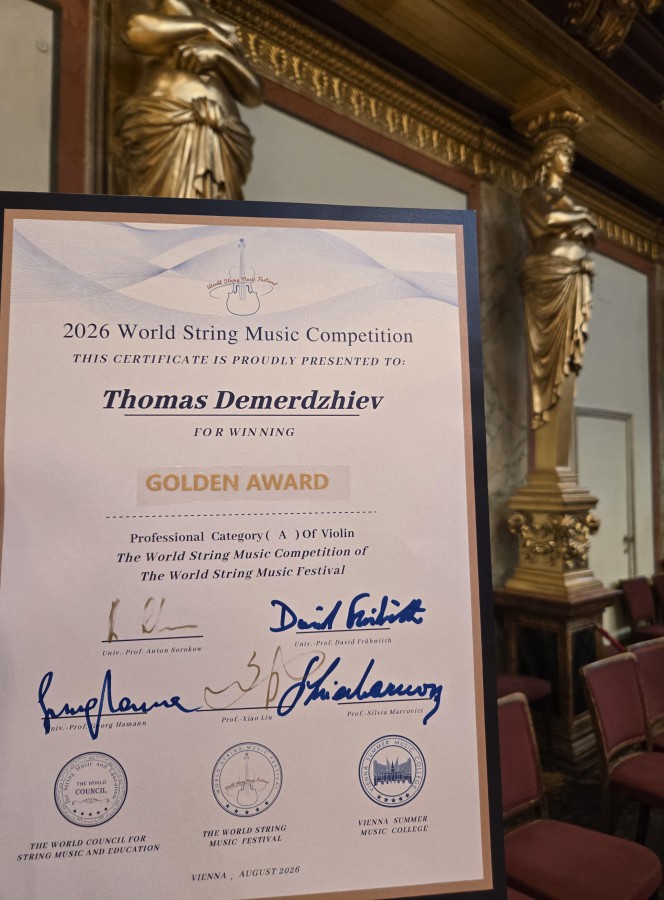 S.1 Student, DEMERDZHIEV THOMAS NIKOLAEV, Wins Gold in 2026 World String Music Competition